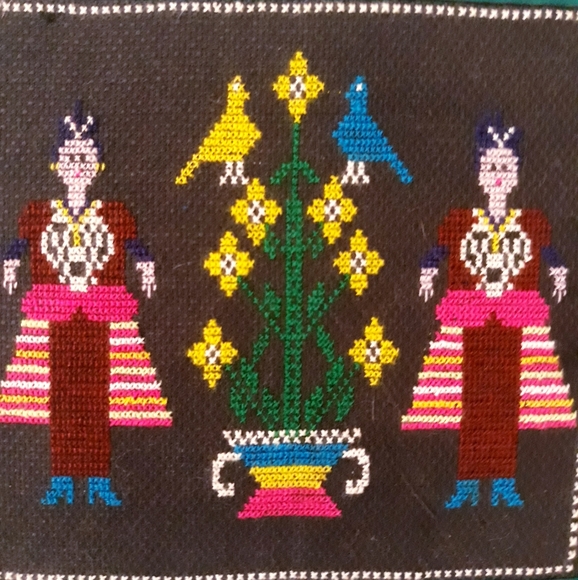 Vintage Hmong Embroidered Cross-Stitch Framed Pictures - Woman + Flower - Picture 2 of 13